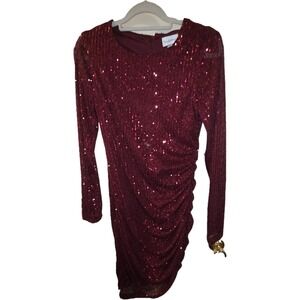 Premier Amour Burgundy Sequin Ruched Bodycon Dress Long Sleeve Holiday Party 10